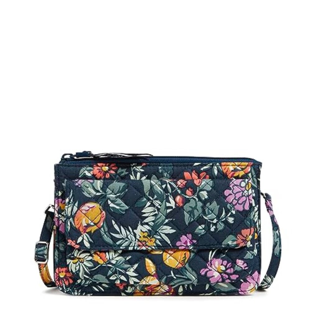 Vera Bradley RFID Cotton Wallet Crossbody Purse in Fresh-Cut Floral Green